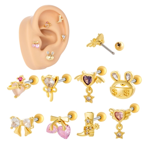 Heart Bow Star Bunny Cartilage Stud Earrings Copper Cubic Zirconia With Stainless Steel Earring Post Screw Back Piercing