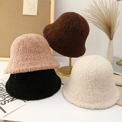 Women Winter Warm Bucket Hat Plush Lambswool Texture Fisherman Cap Solid Color Korean Style Windproof Soft Foldable
