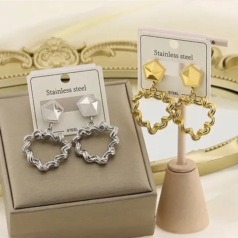 Stainless Steel Herz Reifen Hängeohrringe Unregelmäßige Wellenförmige Geometrische Tropfenohrringe Für Frauen Retro Elegant Schmuck
