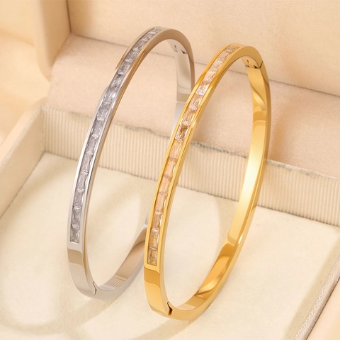 Bracciale In Acciaio Al Titanio Zircone Rettangolare Una Fila Intarsiato Minimalista Lusso Stile Coreano Gioielli Donna