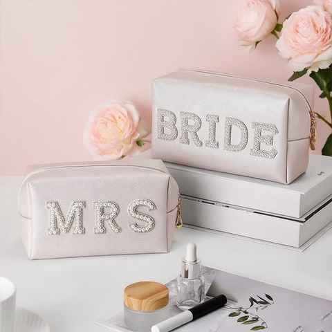 Makeup Bag PU Leather Artificial Pearl Rhinestone Letter Bride Mrs Wedding Travel Cosmetic Pouch Toiletry Organizer