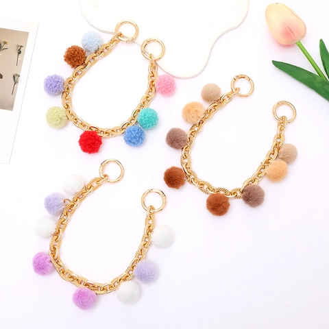 Plush Ball Metal Chain Keychain Bag Charm Hand Strap For Phone Lanyard Colorful Replacement Chain Fashion Accessory