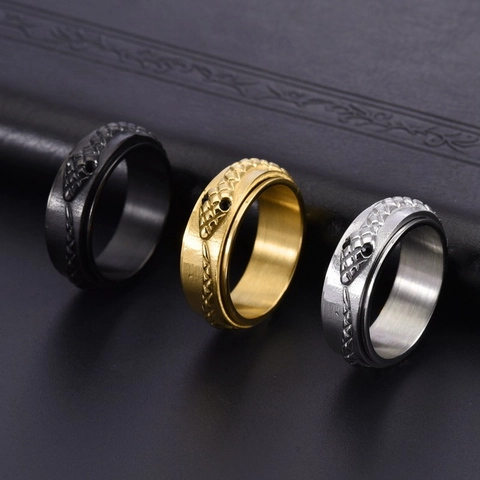 Snake Ring Rotatable Titanium Steel Punk Gothic Animal Head Scale Texture Vintage Trendy Jewelry For Men Unisex