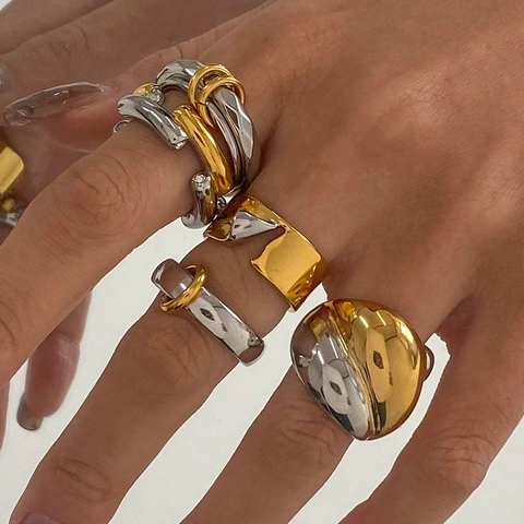 Bague Ouverte Géométrique Bicolore en Acier Inoxydable À la Mode pour Femme Bague de Doigt Accent Strass Minimaliste Électroplaqué Cadeau Bijoux
