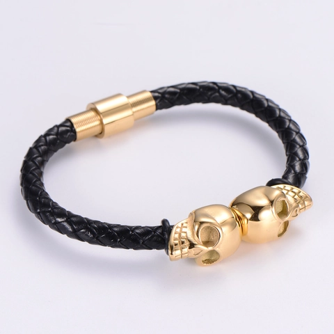 Bracciale Da Uomo Teschio Punk Rock Acciaio Inossidabile Chiusura Magnetica Pelle PU Intrecciata Gioielli Gothic Streetwear
