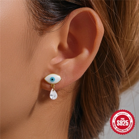 925 Sterling Silver Evil Eye Stud Earrings For Women Gold Plated Zirconia Water Drop Pendant Dainty Enamel Jewelry Gift