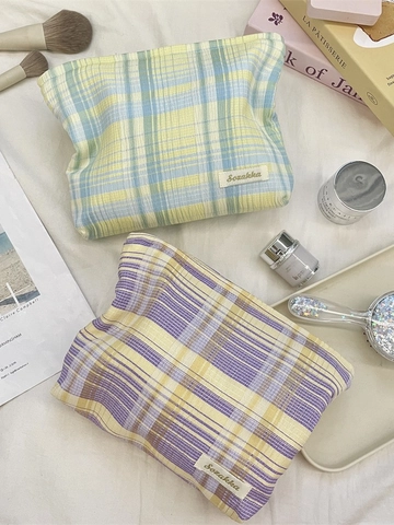 Plaid Cosmetic Bag Polyester Canvas Makeup Organizer Large Capacity Travel Toiletries Pouch Fresh Grid Zipper Storage
