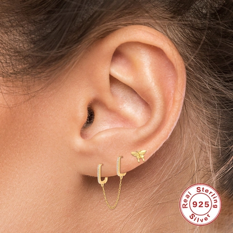 925 Sterlingsilber U-Förmige Schmetterling Quaste Kette Ohrringe Strass Eingelegt Doppel Ohrloch Ohrstecker Für Damen
