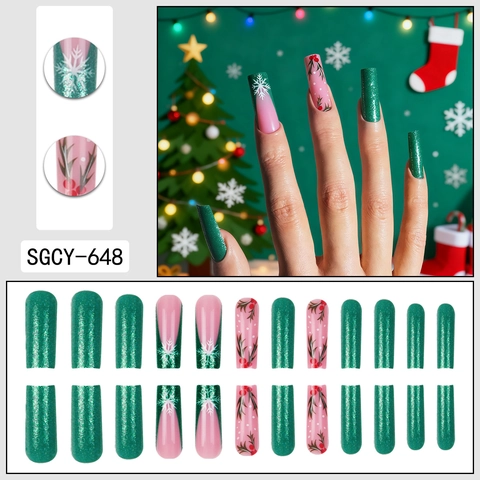 Uñas Postizas De Navidad Press On Forma De Ataúd Larga Purpurina Verde Patrones De Copos De Nieve Y Bayas Para Mujeres