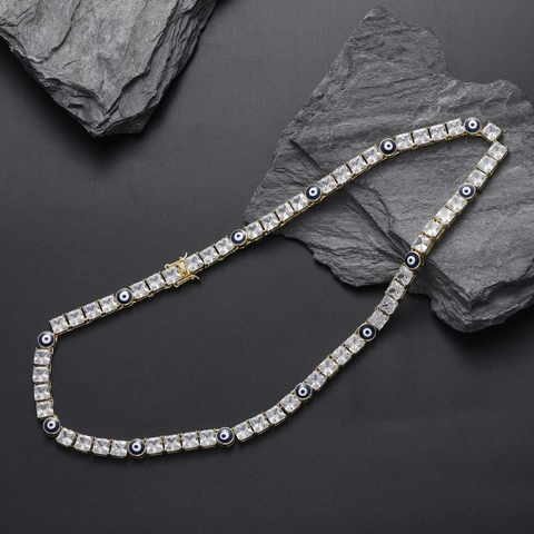 Collana Bracciale Catena Tennis Hip Hop Rame Zirconia Malocchio Pendente Gioielli per Uomo Donna Oro Argento Placcato Accessorio Moda