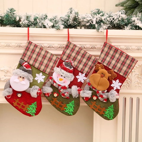 Calza Di Natale Tessuto Scozzese Peluche 3D Babbo Natale Pupazzo Di Neve Renna Sacco Regalo Decorazione Camino