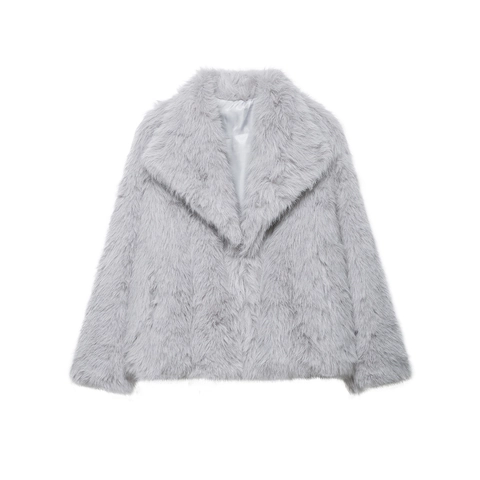 Women Faux Fur Jacket Soft Plush Solid Grey Lapel Collar Long Sleeve Short Coat Warm Outerwear Winter Fashion