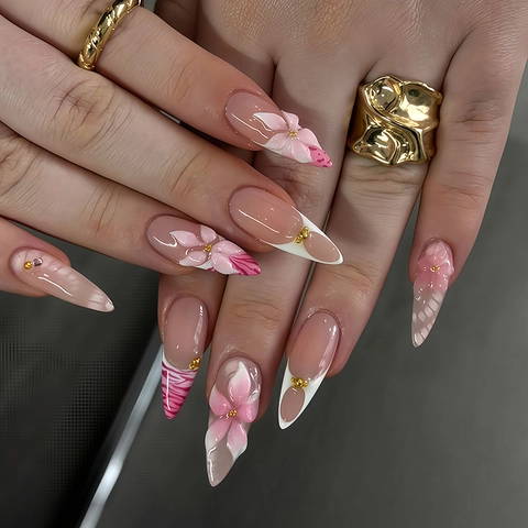 Faux Ongles Amande Faits À La Main Relief Fleur 3D Style Français Dégradé Rose Perles Dorées Manucure Élégante
