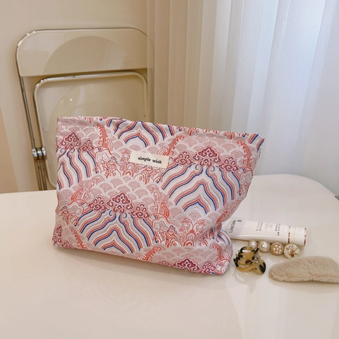 Chinesische Retro-Kosmetiktasche Palaststil Jacquard Segeltuch Make-up Organizer Clutch-Tasche Traditionelles Wellenmuster