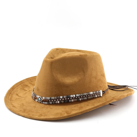 Cappello Fedora Cowboy Occidentale Feltro Scamosciato Tesa Larga Fascia Occhio Del Diavolo Stile Bohémien Etnico