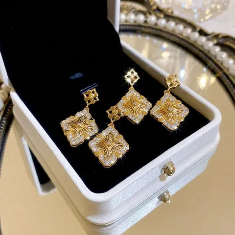 Orecchini Pendenti Fiore Rombo Vintage Rame Placcato Oro Con Madreperla Zircone E Silver Earring Post