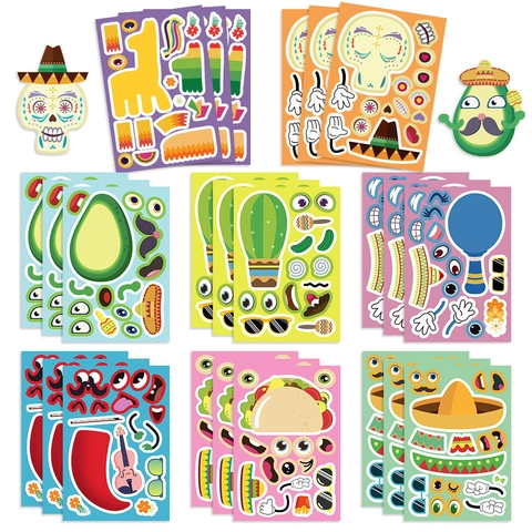 Mexicano Fiesta DIY Crea Una Cara Pegatinas Impermeable PVC Dibujos Animados Taco Sombrero Cactus Calavera Para Niños Fiesta Juegos Decoración