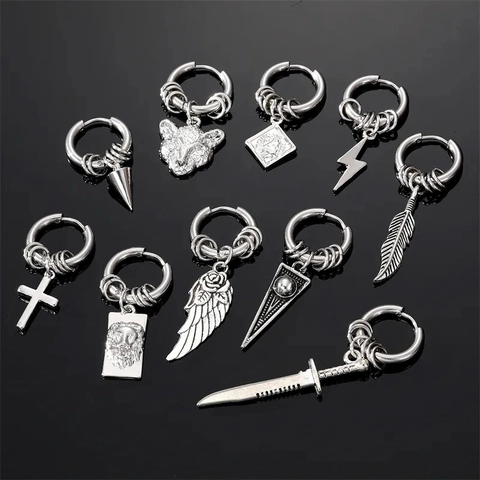 Stainless Steel Hoop Earrings With Cross Lion Head Dagger Feather Lightning Pendants Punk Gothic Vintage Jewelry Unisex