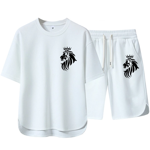 T-Shirt Homme Manches Courtes Et Short À Cordon Vêtements De Sport Décontractés Été Imprimé Couronne De Lion Respirant