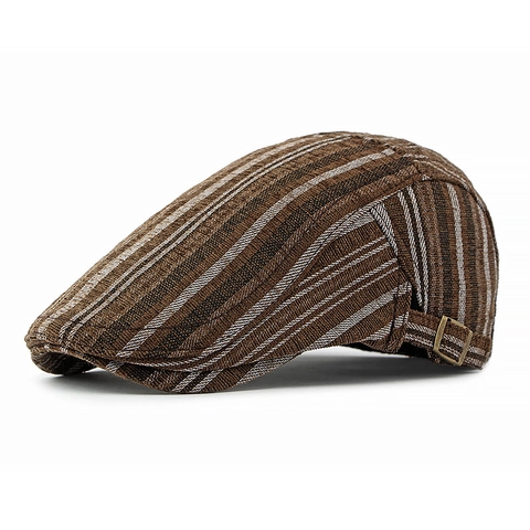 Béret Vintage à Rayures Style Britannique Ajustable en Mélange de Coton pour Hommes Femmes Automne Hiver Chaud Chapeau