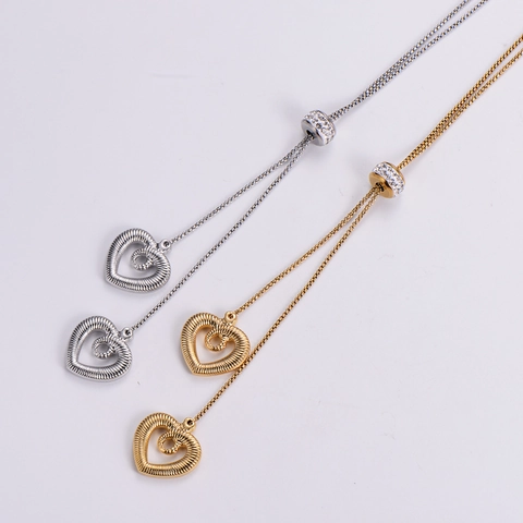 Collana Pendente Doppio Cuore Acciaio Inossidabile 316L Strutturato Regolabile Cursore Strass Donna Stile Minimalista