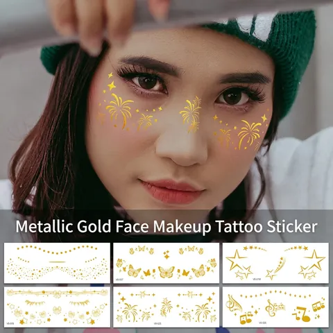 Pegatinas De Tatuaje Facial Oro Metálico Impermeable Maquillaje De Pecas Para Festival De Música Fiesta Estrellas Mariposas