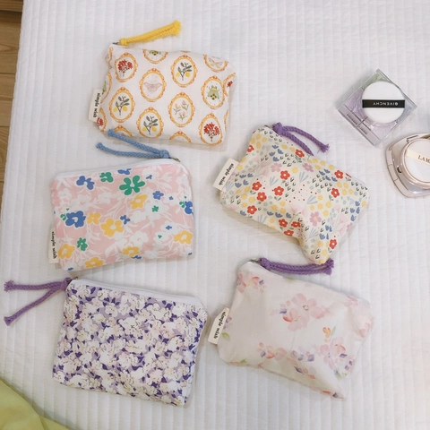 Floral Cotton Coin Purse Mini Makeup Bag Small Pouch With Zipper Closure Canvas Lining Sweet Pastoral Style For Women