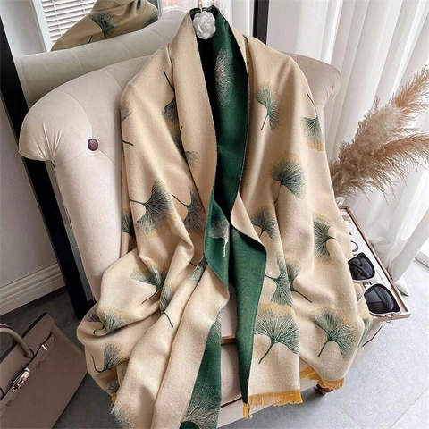 Women Ginkgo Leaf Pattern Double Sided Scarf Winter Thick Warm Pashmina Shawl Soft Polyester Cotton Blend Wrap With Tassels