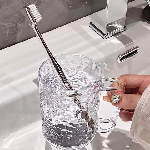 Glacier Texture Toothbrush Cup Plastic Mouthwash Mug With Handle Transparent Hammered Pattern Bathroom Rinse Cup