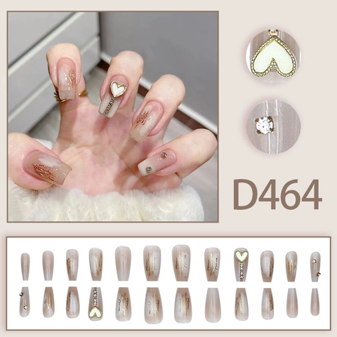 Square Coffin Press On Nails Nude Gradient Gold Wire Luxus 3D Herz Strass Abnehmbar Wiederverwendbar Elegant Damen