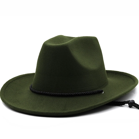 Wide Brim Fedora Hat Cotton Polyester Felt Adjustable Chin Strap Braided Rope Western Cowboy Style Unisex Fashion