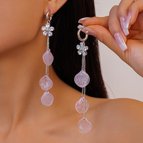 Orecchini Pendenti Con Nappa A Petalo Di Fiore Dolce Resina Zircone Rame Con Perno In Argento Sterling 925 Elegante