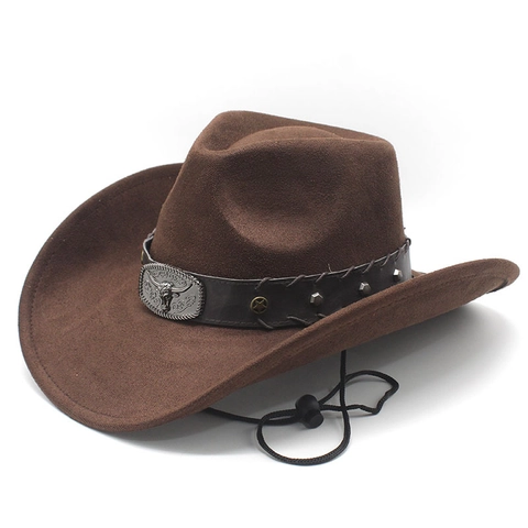 Western Cowboy Hat Vintage Suede Felt With Bull Head Buckle Adjustable Chin Strap Wide Brim Outdoor Sun Hat