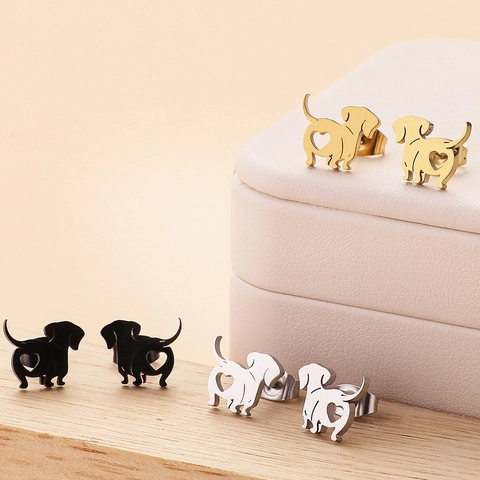 Dachshund Dog Stud Earrings Stainless Steel With Hollow Heart Cute Animal Silhouette Jewelry For Women Fashion