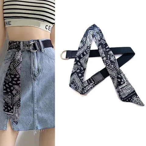 Cinturón de Lona Para Mujer Con Decoración de Pañuelo de Satén Hebilla de Doble Anillo D Cinturón Ajustable Para Vestidos Jeans