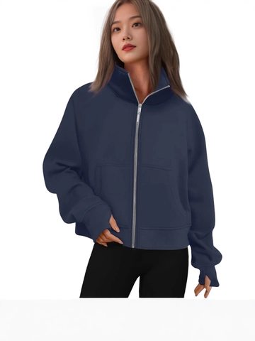 Women Full Zip Hoodie Polyester Sweatshirt With Thumbholes Loose Fit Stand Collar Athletic Lounge Jacket Pockets
