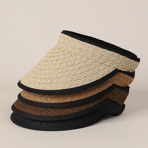 Women Paper Straw Visor Hat Wide Brim UV Protection Beach Vacation Sunshade Adjustable Japanese Style Minimalist