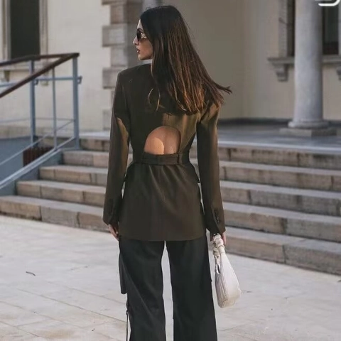 Women Backless Blazer Jacket Long Sleeve Polyester Solid Color Lapel Tie Waist With Metal D-Ring Detail Elegant
