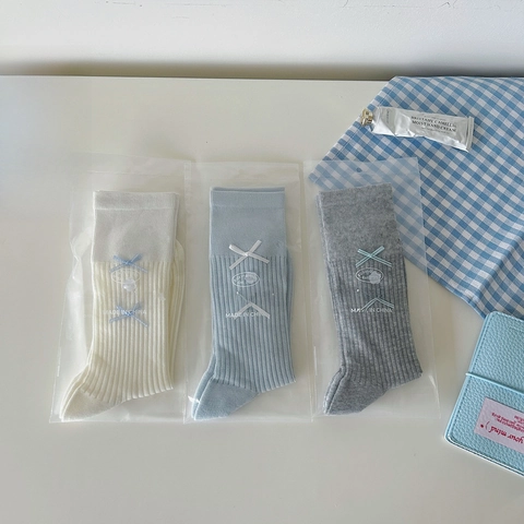 Ribbed Cotton Crew Socks With Bow Ribbon Sweet Ballet Style Breathable Calf High Fashion Hosiery For Women