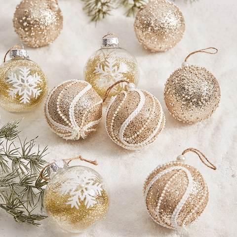 Christmas Tree Ornaments Balls Baubles Plastic Glitter Transparent Snowflakes Artificial Pearls Lace Hanging Holiday Party Home Decor