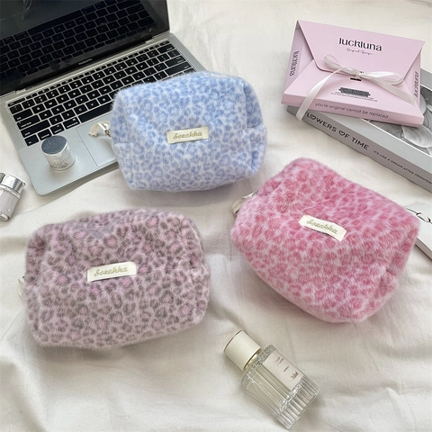 Plush Leopard Print Makeup Bag Faux Fur Cosmetic Pouch Large Capacity Travel Skincare Storage Case For Women