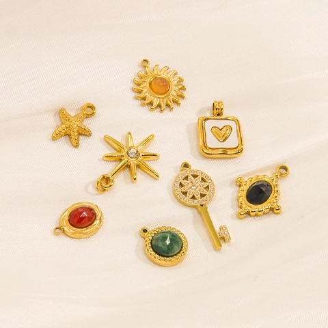Vintage Stainless Steel Charms Gold Plated Gemstone Zircon Agate Pendants For DIY Jewelry Making Crafts Sun Star Heart Key