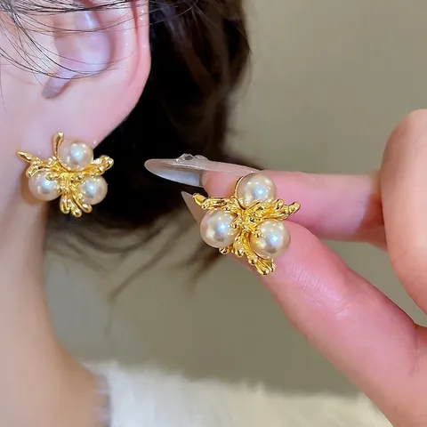Pendientes De Perlas Artificiales Con Rama Retro Francesa Con Poste De Plata De Ley 925 Joyas De Cobre Chapadas En Oro Para Mujeres