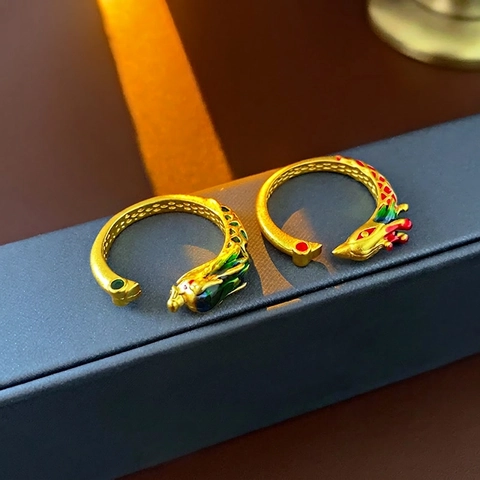 Drache Phönix Offener Ring Kupfer Vergoldet Emaille Bunt Verstellbar Vintage Ethnisch Schmuck Für Frauen