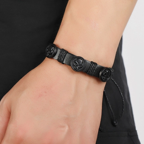 Bracciale In Pelle Punk Retro Da Uomo Con Teschi In Lega E Corda Di Canapa Nodo Scorsoio Regolabile Gioielli
