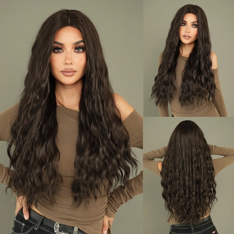 Lange Wellige Perücke Synthetische Hitzebeständige Faser Mittelscheitel Body Wave Haar Für Damen Alltag Party Cosplay