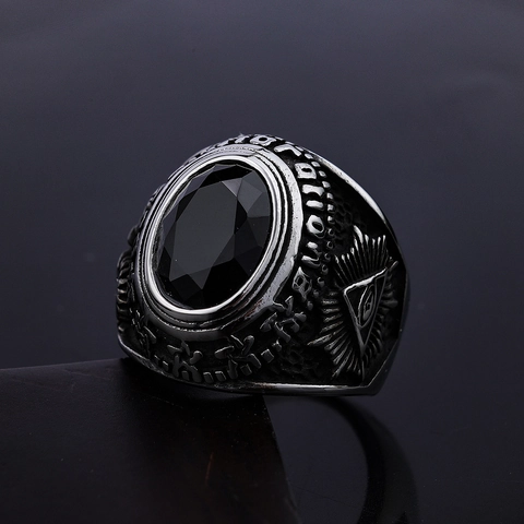 Heren Vintage Zegelring Titanium Roestvrij Staal Met Zwarte Edelsteen Oog Van De Voorzienigheid Horus Symbool Gothisch Punk