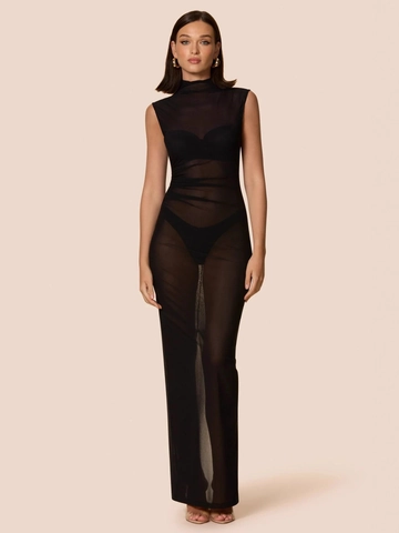 Transparante Mesh Maxi Jurk Mouwloos Hooggesloten Slim Fit Geplooid Bodycon Achterspleet Sexy Party Nachtclub Voor Dames