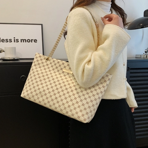 Bolso Tote Grande Para Mujer Cuero PU Estampado Geométrico Retro Correa Cadena Estilo Urbano Simple Bolso De Hombro