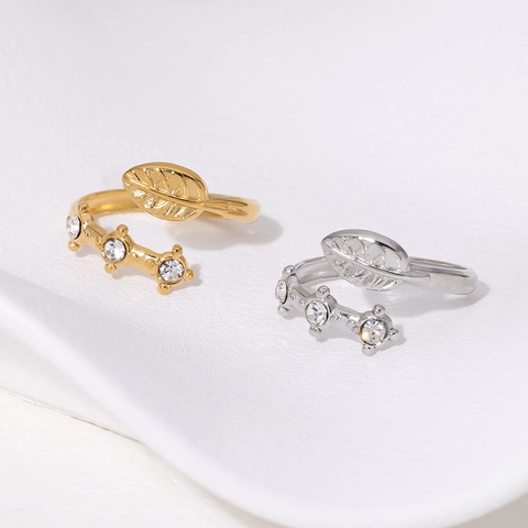Anillo Regolabile Elegante Foglia Acciaio Inossidabile Zircone Chiaro Gioielli Minimalisti Placcati Oro 18K Donna